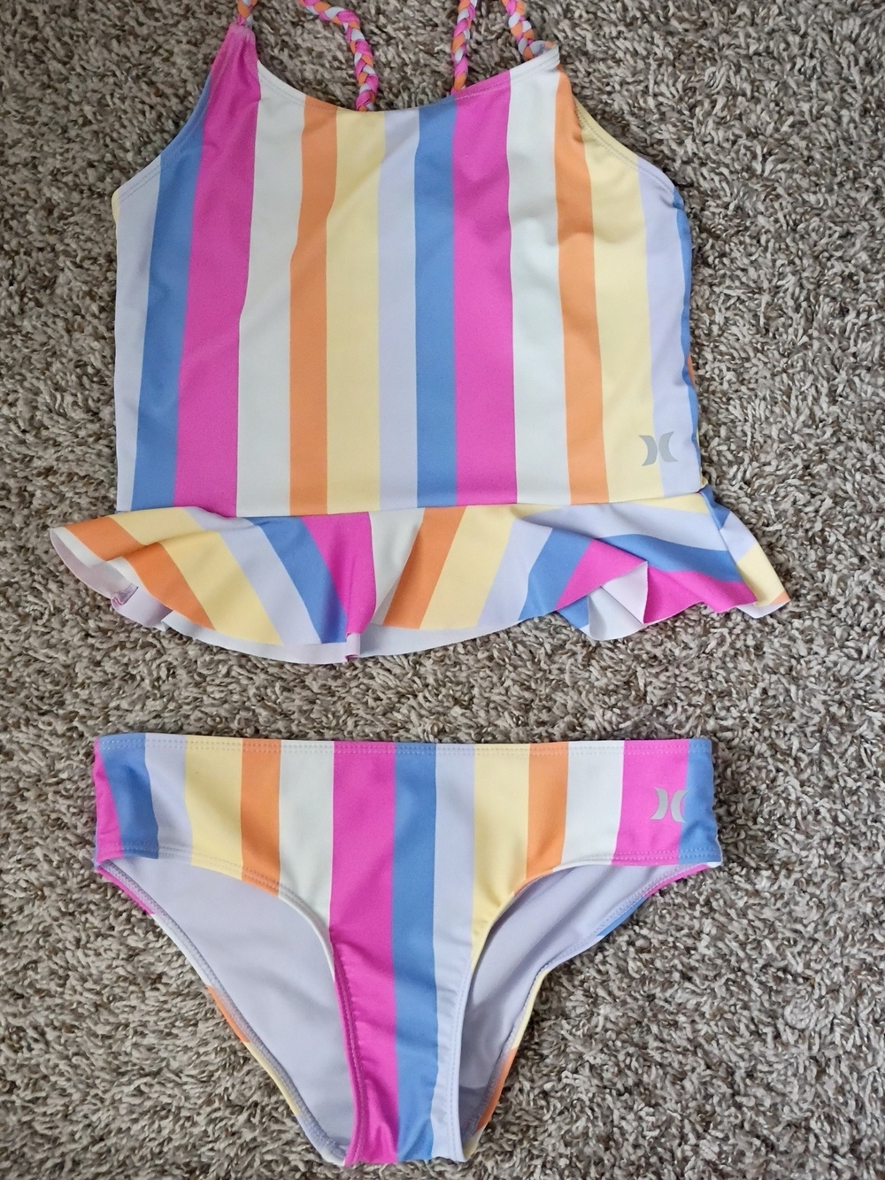 Hurley Girls' Striped Ruffle Tankini in Pink, Blue, Yellow, Orange, Cream